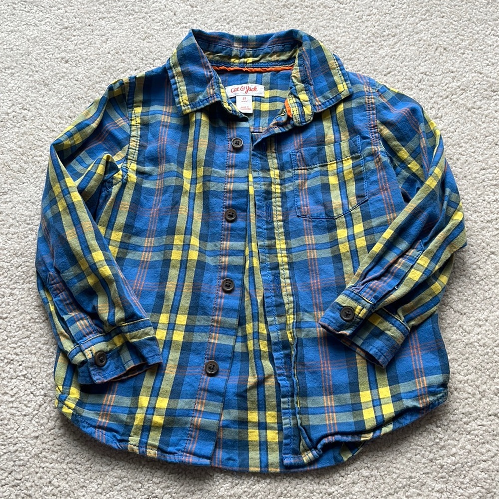 Blue and yellow plaid button down shirt
